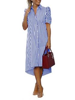 ZANZEA Damen Kleider Blusenkleid Gestreift Elegant Kurzarm V-Ausschnitt 1/2 Ärmel Hemdkleid Maxikleider mit Knöpfe Blau S von ZANZEA