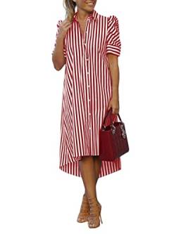 ZANZEA Damen Kleider Blusenkleid Gestreift Elegant Kurzarm V-Ausschnitt 1/2 Ärmel Hemdkleid Maxikleider mit Knöpfe Rot 3XL von ZANZEA