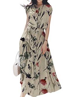 ZANZEA Damen Kurzarm Rundhals Blumen Sommer Kleider mit Gürtel Elegant Casual Freizeitkleid Sommerkleid Strand Tunikakleid Lange Maxikleid Floral-Beige S von ZANZEA