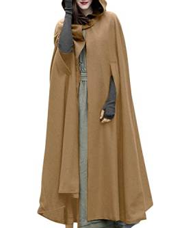 ZANZEA Damen Lang Cape Mantel Umhang mit Kapuze Oversize Poncho Wollmantel Gothic Cosplay Jacke Freizeit Casual Winter Outwear Lang-Khaki M von ZANZEA