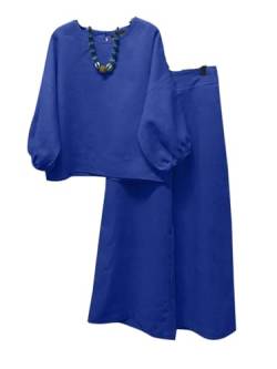 ZANZEA Damen Leinen Bluse Leinenhose 2-teilig Sommer Casual Set Einfarbig Freizeit Loungewear 2-Piece Schlafanzüge Zweiteiler A-Blau 3XL von ZANZEA