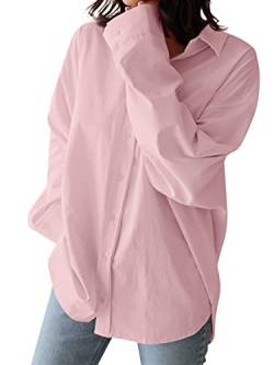 ZANZEA Damen Leinen Blusen Langarm Große Größen Longbluse Elegant Tunika Oberteil Lässig Oversize Hemd Weiß mit Kragen Langshirt A-Pink 5XL von ZANZEA
