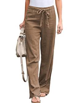 ZANZEA Damen Leinen Hose Einfarbig Damen Sommerhose Lose aus Baumwolle Leinen Jogginghose Stretch Bequeme Strandhose Freizeithose Khaki 4XL von ZANZEA