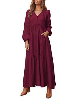 ZANZEA Damen Maxikleid Elegant V-Ausschnitt Rüschen Langarm Strandkleid Lange Tunika Kleider mit Knopf Rot 5XL von ZANZEA