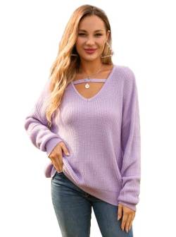 ZANZEA Damen Pullover Winter V-Ausschnitt Oversize Strickpullover Casual Warm Oberteil Einfarbig Sweater Elegant Herbst Winter Sweatshirt A-Lila M von ZANZEA