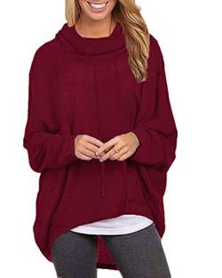 ZANZEA Damen Rollkragen Langarmshirts Asymmetrisch Sweatshirt Jumper Pullover Oversize Tops X-01 Weinrot Large von ZANZEA