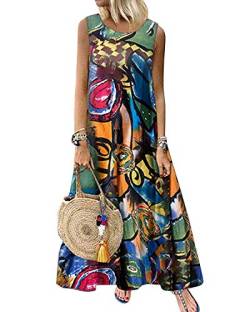 ZANZEA Damen Rundhals Ärmellos Kleider Drucken Vintage Locker Elegant Freizeitkleid Sommer Strandkleider Lange Maxikleid Bohmendruck-Grün L von ZANZEA