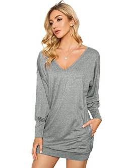 ZANZEA Damen V-Ausschnitt Lose Langarm Oberteile Oversize Lang Sweatshirt Tops Grau M von ZANZEA