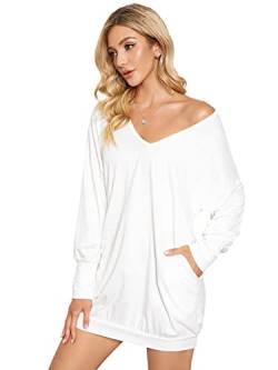 ZANZEA Damen V-Ausschnitt Lose Langarm Oberteile Oversize Lang Sweatshirt Tops Weiß M von ZANZEA