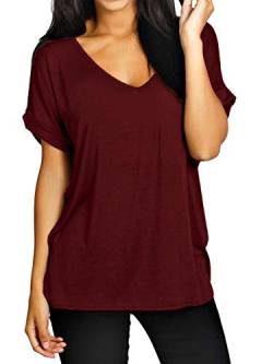 ZANZEA Damen V-Ausschnitte Kurz Ärmel Lose Langshirt T-Shirt Tops Bluse Weinrot XXXX-Large von ZANZEA