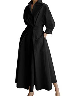ZANZEA Elegante Blusenkleider Damen V-Ausschnitt Elastische Hohe Taille Maxikleider Oversize mit Knopf A-Schwarz XXL von ZANZEA