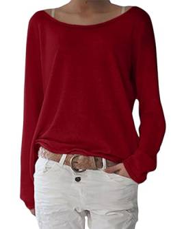 ZANZEA Langarmshirt Pullover Basic Oberteile Oversize Rundhals Ausschnitt Shirt Einfarbig Tops Pullover Sweatshirt Weinrot L von ZANZEA