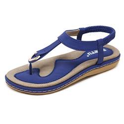 Damen Sandalen Flach, Bohemia Sommer Zehentrenner PU Leder Klassisch Strand Sandalen Blau 41 von ZAPZEAL