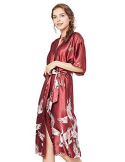 ZAPZEAL Damen Seide Morgenmantel Bademantel Elegant Langarm Nachtkleid V Ausschnitt Sleepwear Nachtwäsche, Rot, XL(EU)-MarkeGröße:2XL-Länge 121cm von ZAPZEAL