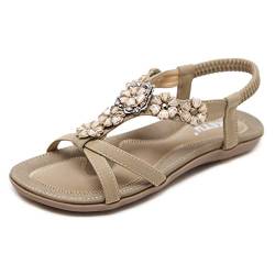 ZAPZEAL Damen Sommer PU Leder Bohemia Flach Sandalen Frauen Boho Strass Flache Sommer Sandalen,Aprikose 40 EU von ZAPZEAL