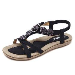 ZAPZEAL Damen Sommer PU Leder Bohemia Flach Sandalen Frauen Boho Strass Flache Sommer Sandalen,Schwarz 38 EU von ZAPZEAL