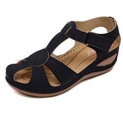 ZAPZEAL Sommerschuhe Sandalen Damen Flach Sandaletten Keilsandalen Flip Flop PU Leder Casual Durchbrochene Sandalen für Arbeit Wandern,Schwarz 38 EU von ZAPZEAL