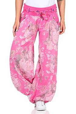Moda Italy Damen Haremshose Pumphose Ballonhose Pluderhose Yogahose Aladinhose Harem Sommerhose mit Stoffgürtel Flower-Print, One Size Gr.36-42, Pink von ZARMEXX Fashion