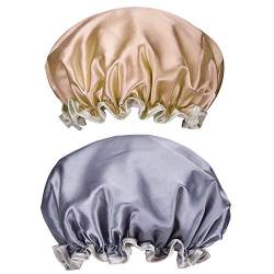 ZARRS Duschhaube,2er Pack Damen Bad Kappe Doppelschicht Bad-Hut Wiederverwendbar wasserdichte Elastische Badehüte Groß Duschhauben für Frau Dusche Spa Salon Rosa + Gold von ZARRS