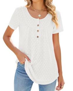 ZASFOU Damen Sommer Kurzarm Tops Lässig Tunika Knopfleiste Bluse O-Ausschnitt T Shirt Öse Oberteile Geschenk für Frauen von ZASFOU