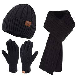 ZASFOU Damen Winter Mütze Schal Touchscreen Handschuhe Set Thermo Strickmütze Beanie Wintermütze Schals Winterschal Winterhandschuhe Geschenk für Frauen von ZASFOU