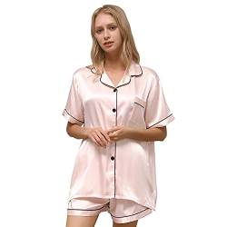 ZATOGOO Satin Damen Schlafanzug Kurzarm Nachtwäsche mit Knopfleiste Zweiteiliger Kurzarm Nachtwäsche Hausanzug Weich Sleepwear Kurz Pyjama Set für Frauen, S-2XL, Champagner von ZATOGOO