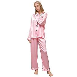 ZATOGOO Satin Damen Schlafanzug Langarm Nachtwäsche mit Knopfleiste Zweiteiliger Langarm Nachtwäsche Hausanzug Weich Sleepwear Lang Pyjama Set für Frauen, S-XL, Rosa von ZATOGOO