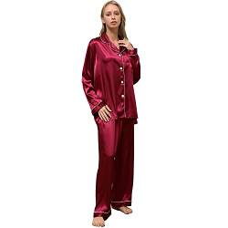 ZATOGOO Satin Damen Schlafanzug Langarm Nachtwäsche mit Knopfleiste Zweiteiliger Langarm Nachtwäsche Hausanzug Weich Sleepwear Lang Pyjama Set für Frauen, S-XL, Rotwein von ZATOGOO