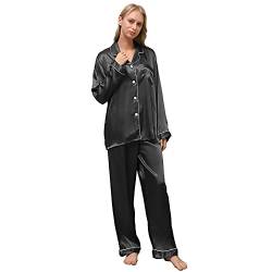 ZATOGOO Satin Damen Schlafanzug Langarm Nachtwäsche mit Knopfleiste Zweiteiliger Langarm Nachtwäsche Hausanzug Weich Sleepwear Lang Pyjama Set für Frauen, S-XL, Schwarz von ZATOGOO