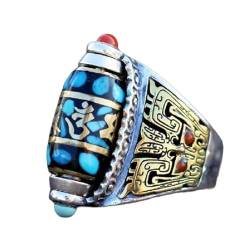 Türkiser Mantra-Ring mit neun Augen und Dzi-Perlen aus sechs Zeichen, chinesischer tibetischer Silber-Mantra-Perlenring mit sechs Zeichen, Glücksring, verstellbarer Feng-Shui-Amulett-Schmuck (A) von ZAUZKEA
