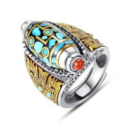 Türkiser Mantra-Ring mit neun Augen und Dzi-Perlen aus sechs Zeichen, chinesischer tibetischer Silber-Mantra-Perlenring mit sechs Zeichen, Glücksring, verstellbarer Feng-Shui-Amulett-Schmuck (B) von ZAUZKEA