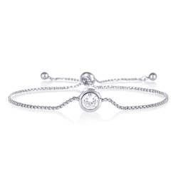 ZAVANA Verstellbare Armbänder für Damen, Silber Freundschaftsarmband mit einem runden Cubic Zirkonia Solitärstein, Zierliche Silber-Armbänder für Frauen mit verstellbarer Perlenschließe von ZAVANA