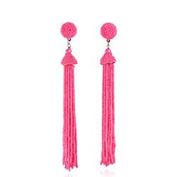 Zavana Lange Quasten-Ohrringe für Damen, lange rosa Ohrringe für Frauen mit rosa Perlen, handgefertigte Boho Chic Ohrhänger, Long Tassel Ohrringe für Frauen, Modeschmuck für Frauen von ZAVANA