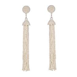 Zavana Lange Quasten-Ohrringe für Damen, lange weiße Ohrringe für Frauen mit weißen Perlen, handgefertigte Boho-Chic-Ohrhänger, Long Tassel Ohrringe für Frauen, Modeschmuck für Frauen von ZAVANA