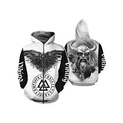 ZAVAYA Wikinger-Pullover-Hoodie Für Herren, Nordische Mythologie Odin Crow Viking Tattoo 3D-Druck-Sweatshirt, Modische Harajuku Street-Langarmjacke (Color : Zip Hoodie, Size : M) von ZAVAYA