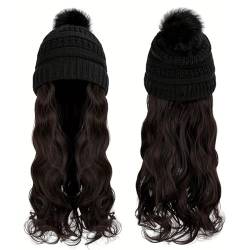 Beanie-Hut-Perücke für Frauen, lange, gewellte Haarverlängerungen, Hut befestigt, 50,8 cm, lockiges synthetisches Haarteil für den Winter(Dark Brown) von ZBYXPP