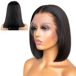 Bob-Perücken mit 200% Dichte, glattes Echthaar, 13 x 4 Frontal-Spitzenperücke, vorgezupft, für Frauen, natürliche Farbe(12inch(30cm)) von ZBYXPP