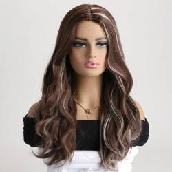 Braune Perücken für Frauen, 56 cm, Highlights, blonde Perücke, natürliche, schulterlange, geschichtete synthetische Perücke(Dark Brown) von ZBYXPP