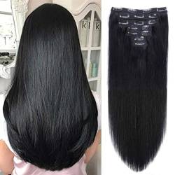 Clip-in-Echthaarverlängerungen, 7 Stück, dickes, glattes Haar, Clip-on-Echthaarverlängerung, Remy-Haar, 100 g(1B#,20in-50cm) von ZBYXPP