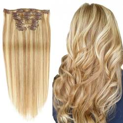 Clip-in-Echthaarverlängerungen, 8 Stück, dunkelblond, hervorgehoben, bleichblond, doppelter Schuss für Frauen(gold,14inch-35.5cm) von ZBYXPP