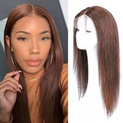 Echthaar Perücke Lace Front Wig, Echthaar 4X4 HD, leimlose Spitzenperücken für Frauen mit natürlichem Haaransatz(Brown,16inch(40cm)) von ZBYXPP