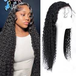 Echthaar Perücke Lace Front Wig, lockiges Echthaar 13X6 HD Transparente, leimlose Perücken mit feinem Haar für Frauen(Black,24inch(60cm)) von ZBYXPP