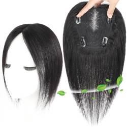 Echthaar-Topper, 12 x 13 cm, ohne Pony, Clip-in-Haarteile, Oberteil für Frauen mit schütterem Haar(Black,Hair 25cm) von ZBYXPP