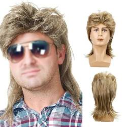 Hair Toupee for Men, Vokuhila-Perücken für Männer, 80er-Jahre-Kostüme, ausgefallenes Partyzubehör, Cosplay-Perücke für männliche tägliche Party(Blonde) von ZBYXPP