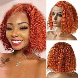 Orange Bob Perücke menschliches Haar, Ingwer, lockiges Haar, tiefe Welle, 13 x 4 HD, transparente Spitzenperücke, 200% Dichte(14inch(35cm)) von ZBYXPP