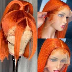 Orangefarbene Bob-Perücke, Echthaar, 13 x 4 HD-Lace-Front-Perücken, glattes Haar, vorgezupft, 180% Dichte, 350#(10inch(25cm)) von ZBYXPP