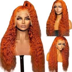 Orangefarbene Bob-Perücke aus Echthaar, 13 x 4, lockiges Haar, tiefe Welle mit feiner Haarseite, 200% Dichte(22inch(55cm)) von ZBYXPP