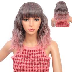 Rosa Bob-Perücke mit Pony, kurze Ombre-Pink-schwarze lockige gewellte synthetische Perücken für tägliches Cosplay von ZBYXPP