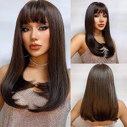 Synthetische Perücke Damen mit Pony, Lang Straight Braun Natürliche Schulterlanges Wigs for Women für Cosplay Party Halloween(Dark Brown) von ZBYXPP