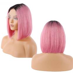 T-Teil-Lace-Front-Perücken, Echthaar-Bob, 13 x 1 x 4, vorgezupftes glattes Haar, Highlight-Ombre für Frauen(Houtpink,18in(45cm)) von ZBYXPP